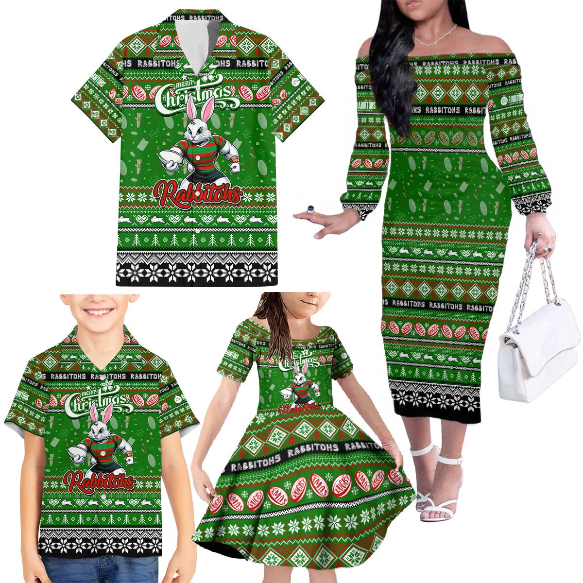 Personalized Rabbitohs Rugby Xmas Family Matching Off The Shoulder Long Sleeve Dress and Hawaiian Shirt Australia NRL Mascot