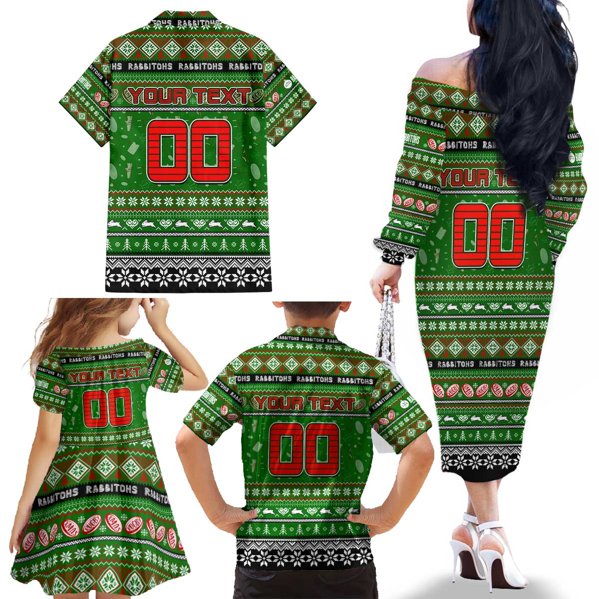 Personalized Rabbitohs Rugby Xmas Family Matching Off The Shoulder Long Sleeve Dress and Hawaiian Shirt Australia NRL Mascot