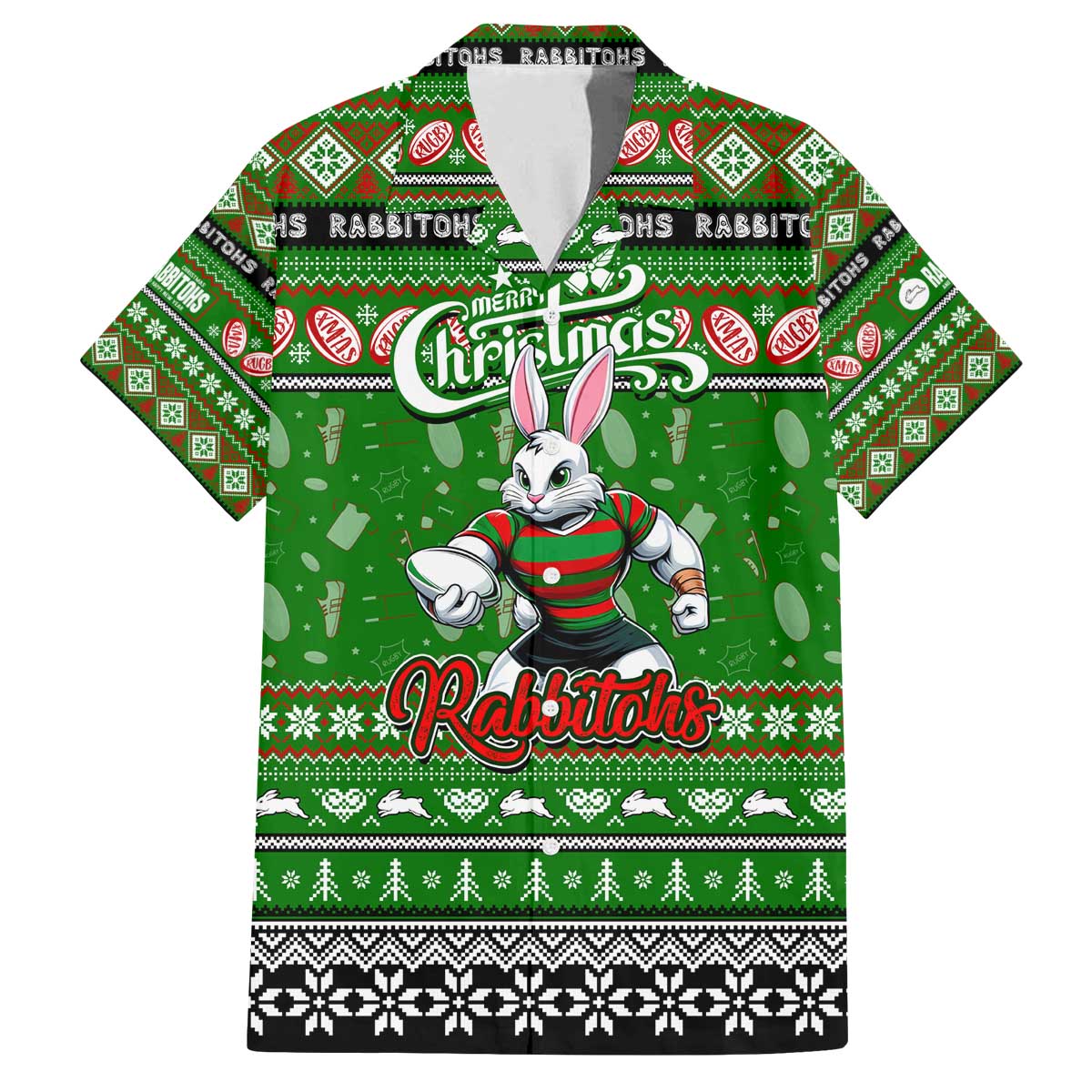 Personalized Rabbitohs Rugby Xmas Family Matching Off The Shoulder Long Sleeve Dress and Hawaiian Shirt Australia NRL Mascot