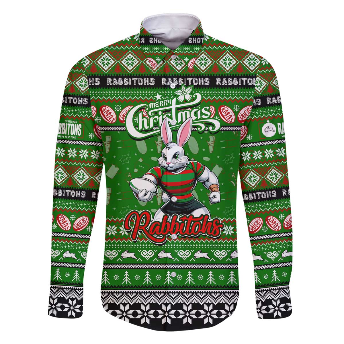 Personalized Rabbitohs Rugby Xmas Family Matching Off The Shoulder Long Sleeve Dress and Hawaiian Shirt Australia NRL Mascot