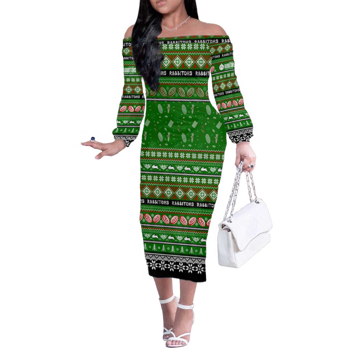 Personalized Rabbitohs Rugby Xmas Family Matching Off The Shoulder Long Sleeve Dress and Hawaiian Shirt Australia NRL Mascot