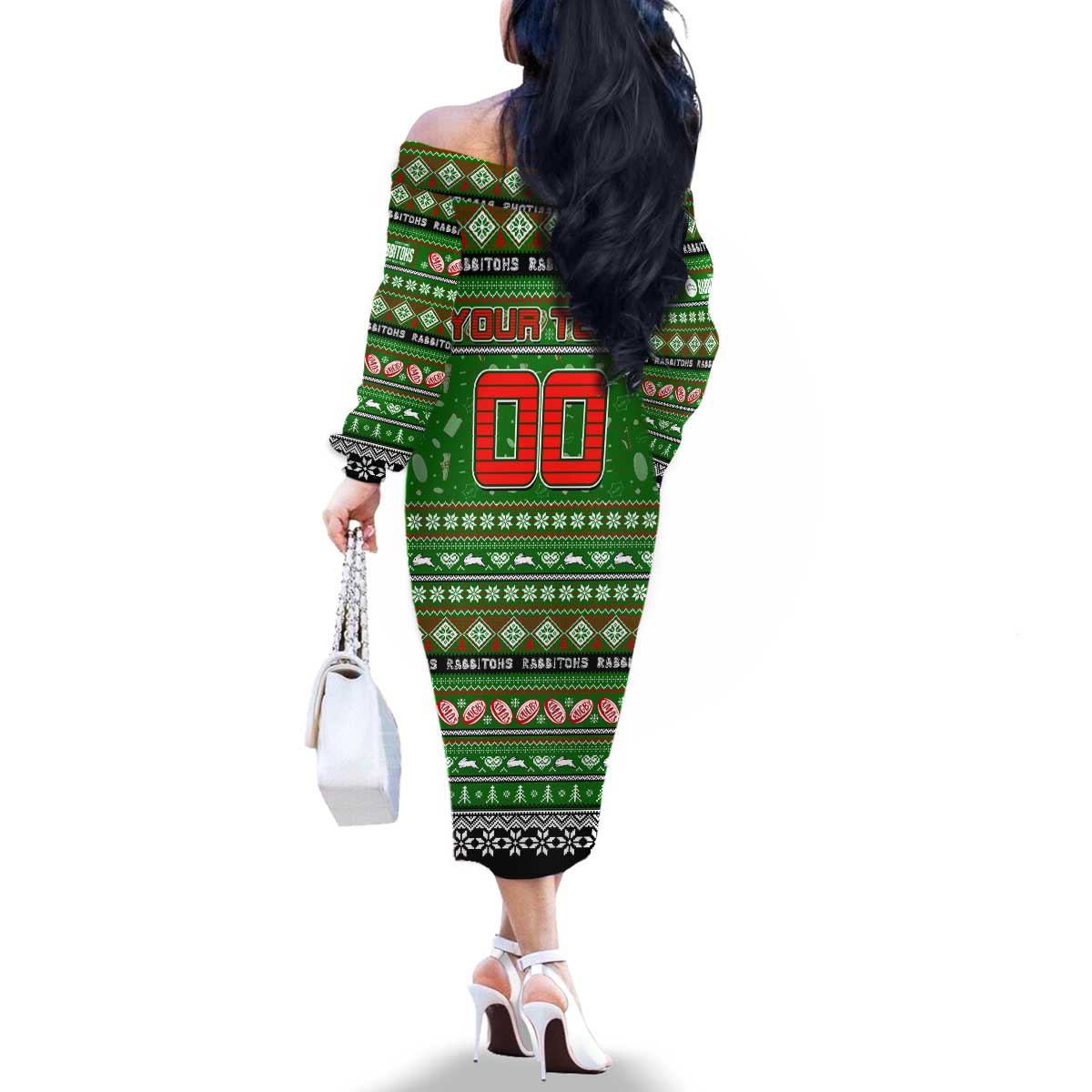 Personalized Rabbitohs Rugby Xmas Family Matching Off The Shoulder Long Sleeve Dress and Hawaiian Shirt Australia NRL Mascot