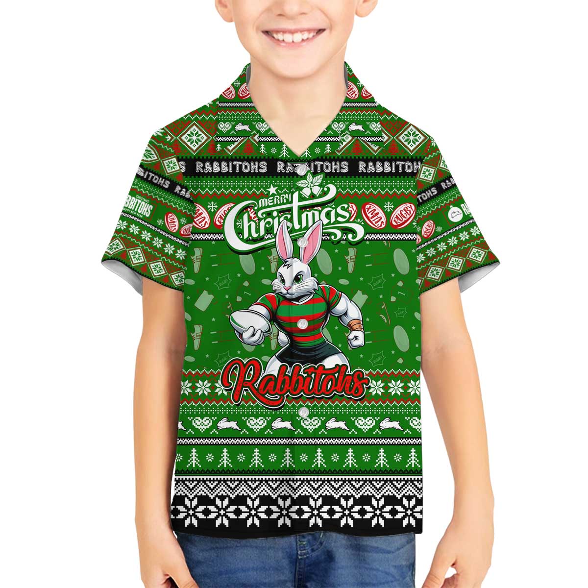 Personalized Rabbitohs Rugby Xmas Family Matching Off The Shoulder Long Sleeve Dress and Hawaiian Shirt Australia NRL Mascot