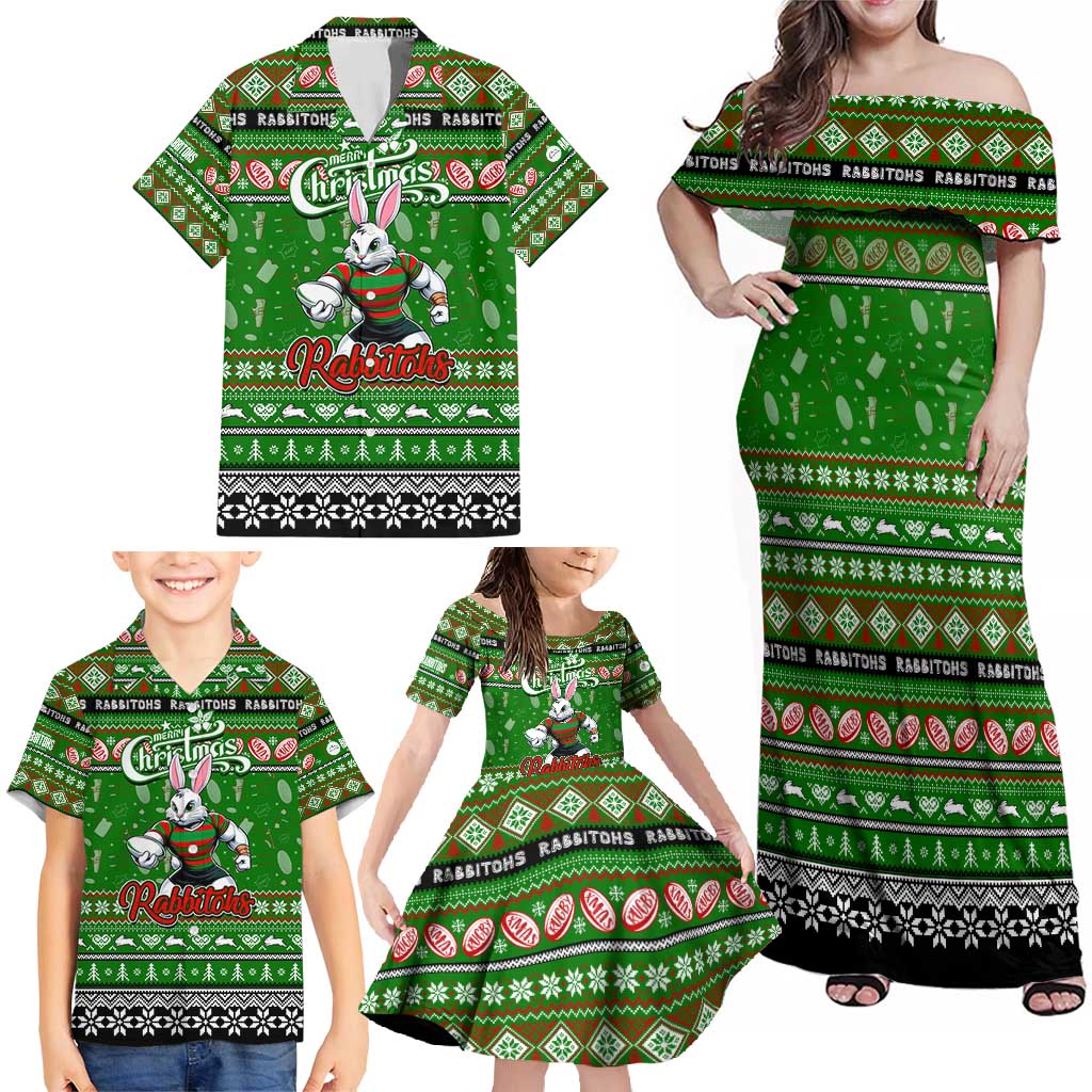 Personalized Rabbitohs Rugby Xmas Family Matching Off Shoulder Maxi Dress and Hawaiian Shirt Australia NRL Mascot