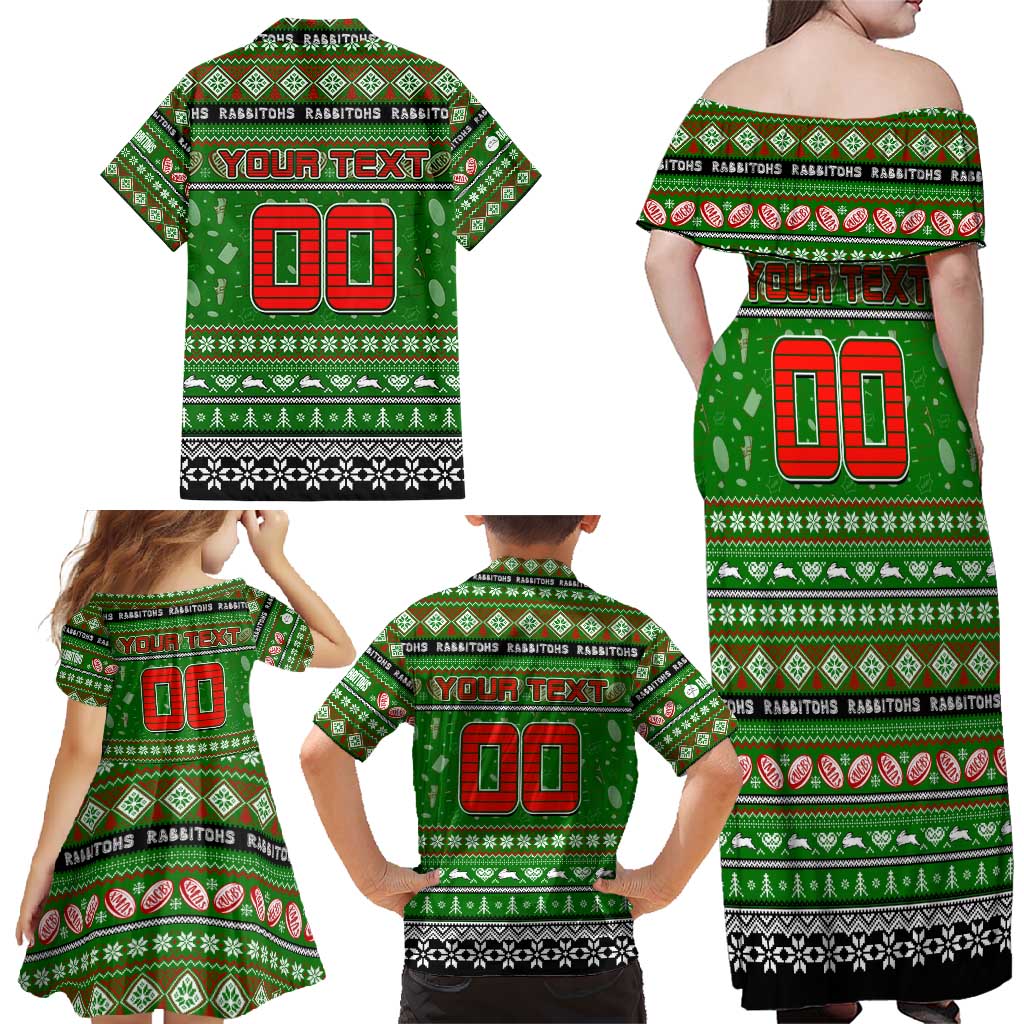 Personalized Rabbitohs Rugby Xmas Family Matching Off Shoulder Maxi Dress and Hawaiian Shirt Australia NRL Mascot
