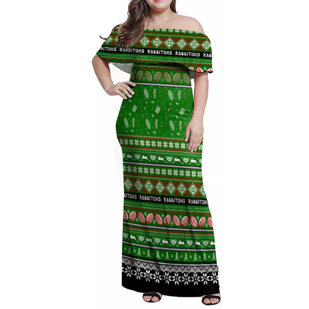 Personalized Rabbitohs Rugby Xmas Family Matching Off Shoulder Maxi Dress and Hawaiian Shirt Australia NRL Mascot