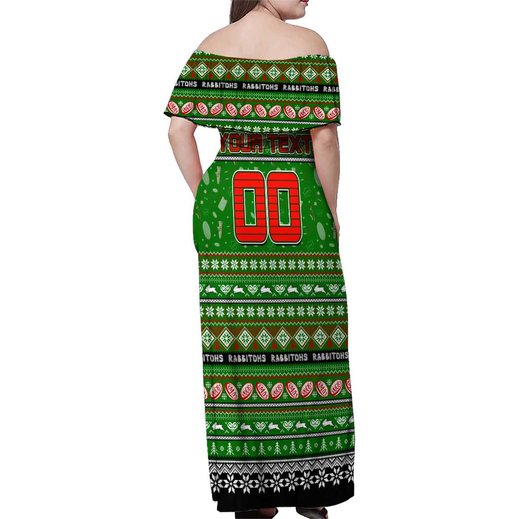 Personalized Rabbitohs Rugby Xmas Family Matching Off Shoulder Maxi Dress and Hawaiian Shirt Australia NRL Mascot
