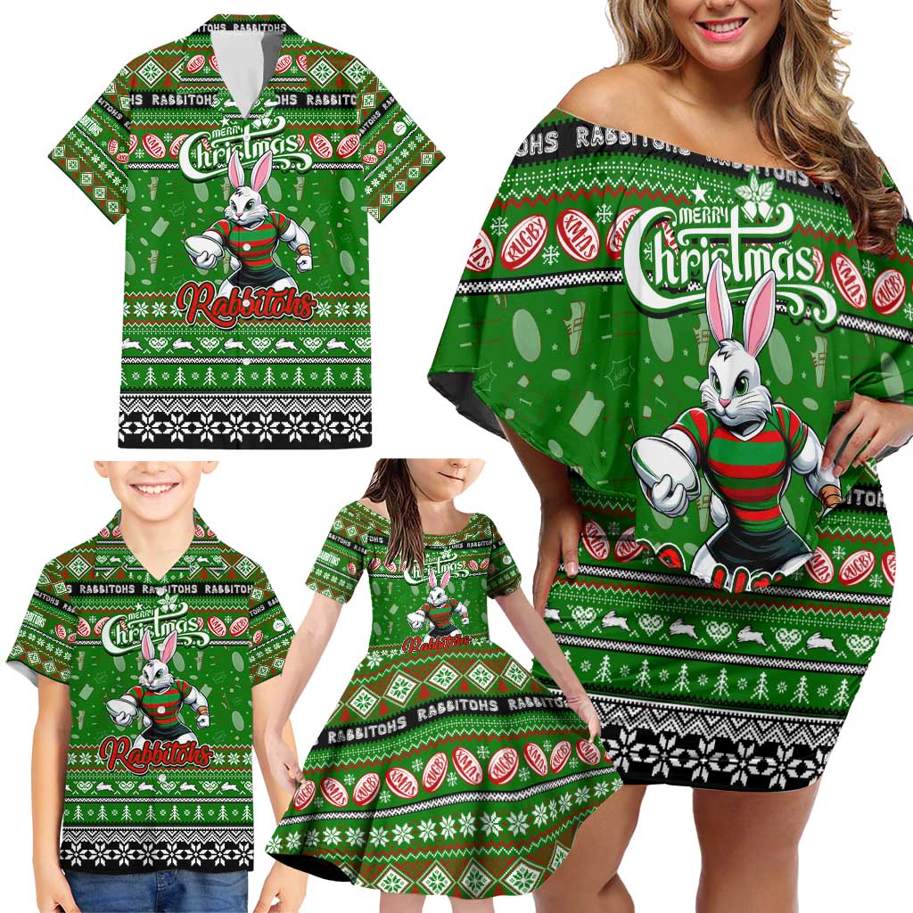 Personalized Rabbitohs Rugby Xmas Family Matching Off Shoulder Short Dress and Hawaiian Shirt Australia NRL Mascot