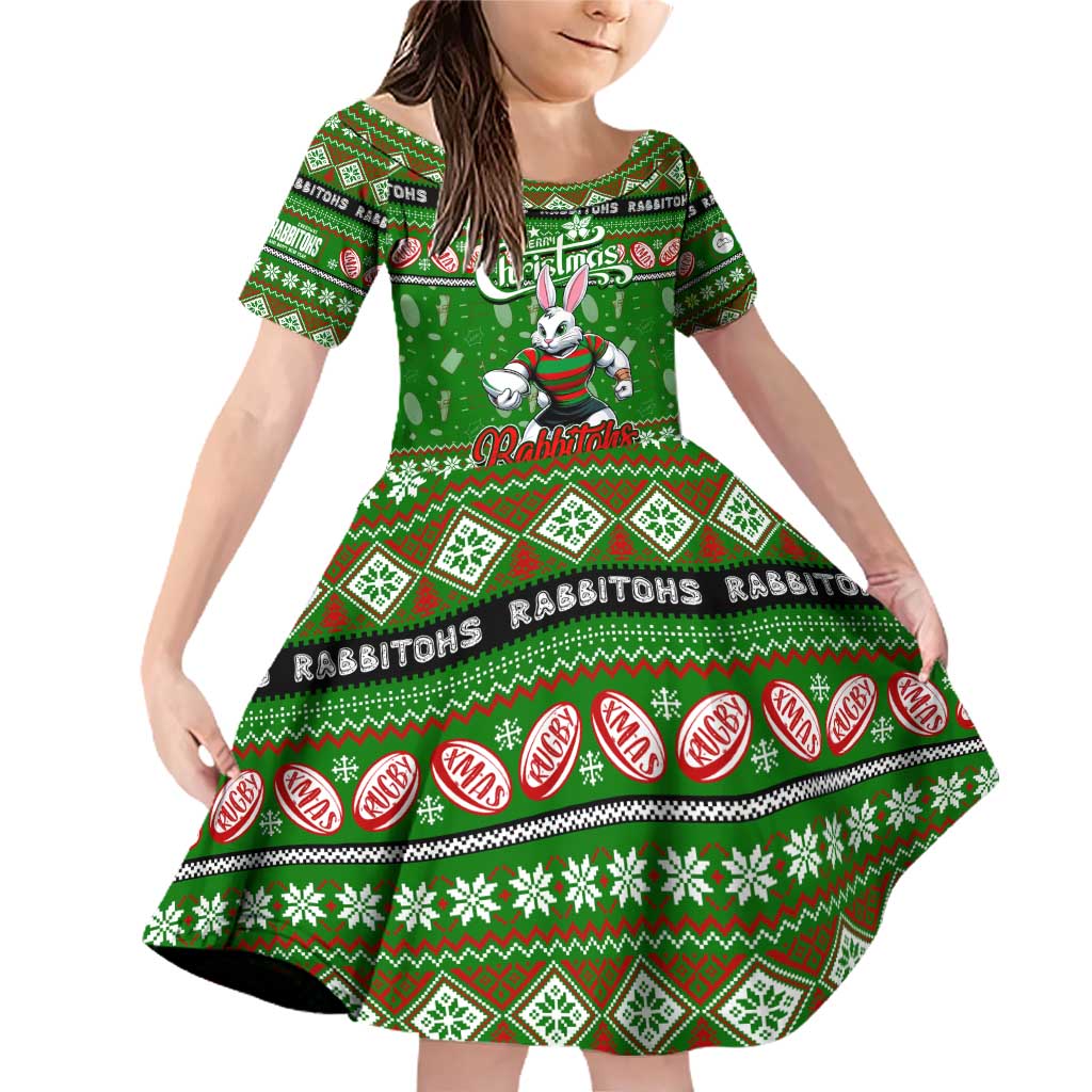 Personalized Rabbitohs Rugby Xmas Family Matching Off Shoulder Short Dress and Hawaiian Shirt Australia NRL Mascot