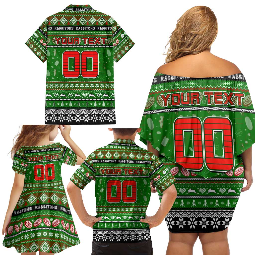 Personalized Rabbitohs Rugby Xmas Family Matching Off Shoulder Short Dress and Hawaiian Shirt Australia NRL Mascot