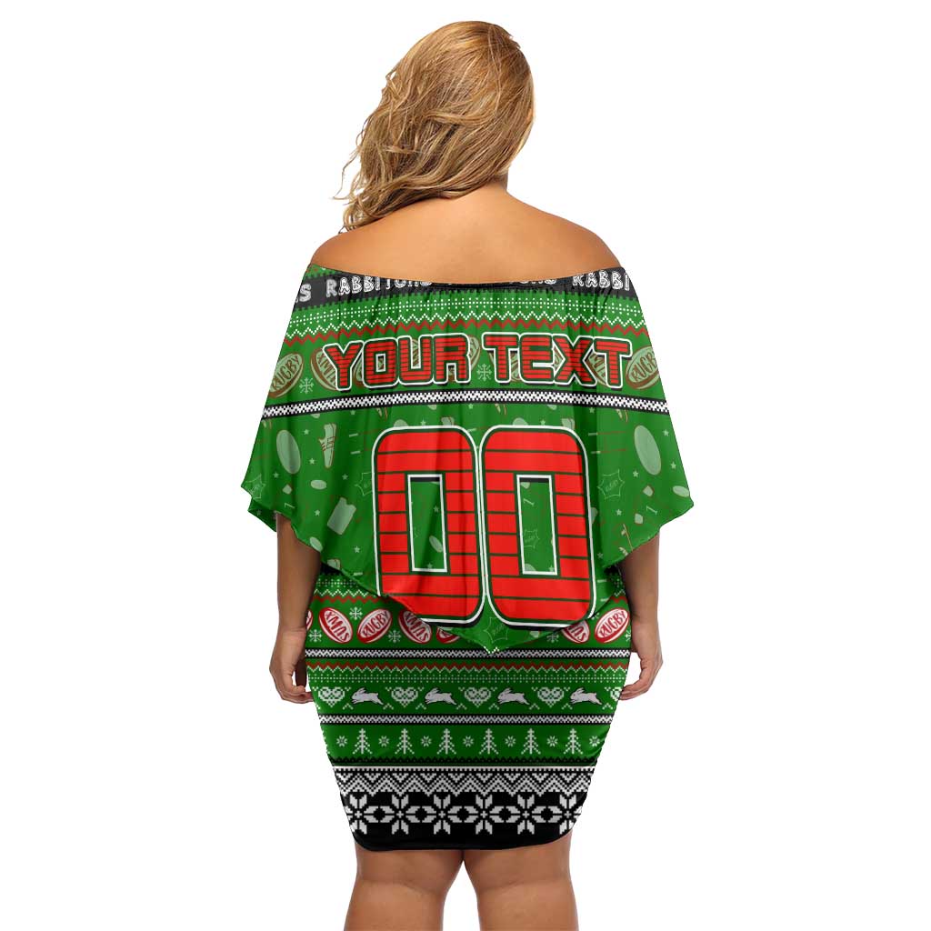 Personalized Rabbitohs Rugby Xmas Family Matching Off Shoulder Short Dress and Hawaiian Shirt Australia NRL Mascot