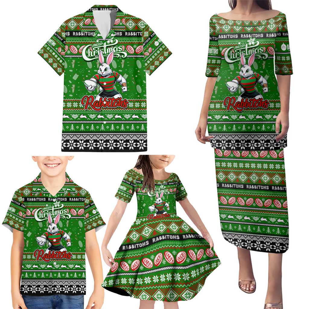 Personalized Rabbitohs Rugby Xmas Family Matching Puletasi and Hawaiian Shirt Australia NRL Mascot