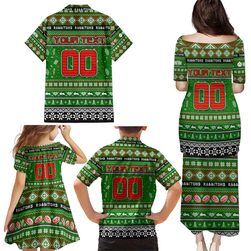 Personalized Rabbitohs Rugby Xmas Family Matching Puletasi and Hawaiian Shirt Australia NRL Mascot