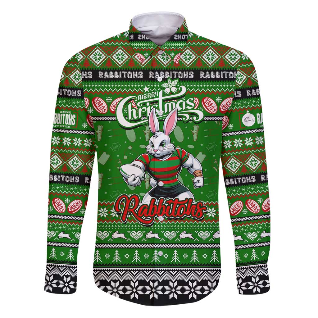 Personalized Rabbitohs Rugby Xmas Family Matching Puletasi and Hawaiian Shirt Australia NRL Mascot