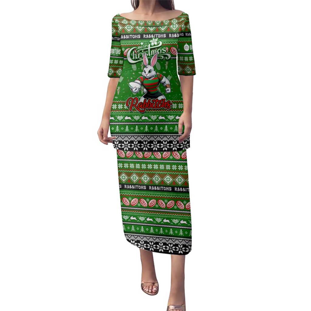 Personalized Rabbitohs Rugby Xmas Family Matching Puletasi and Hawaiian Shirt Australia NRL Mascot