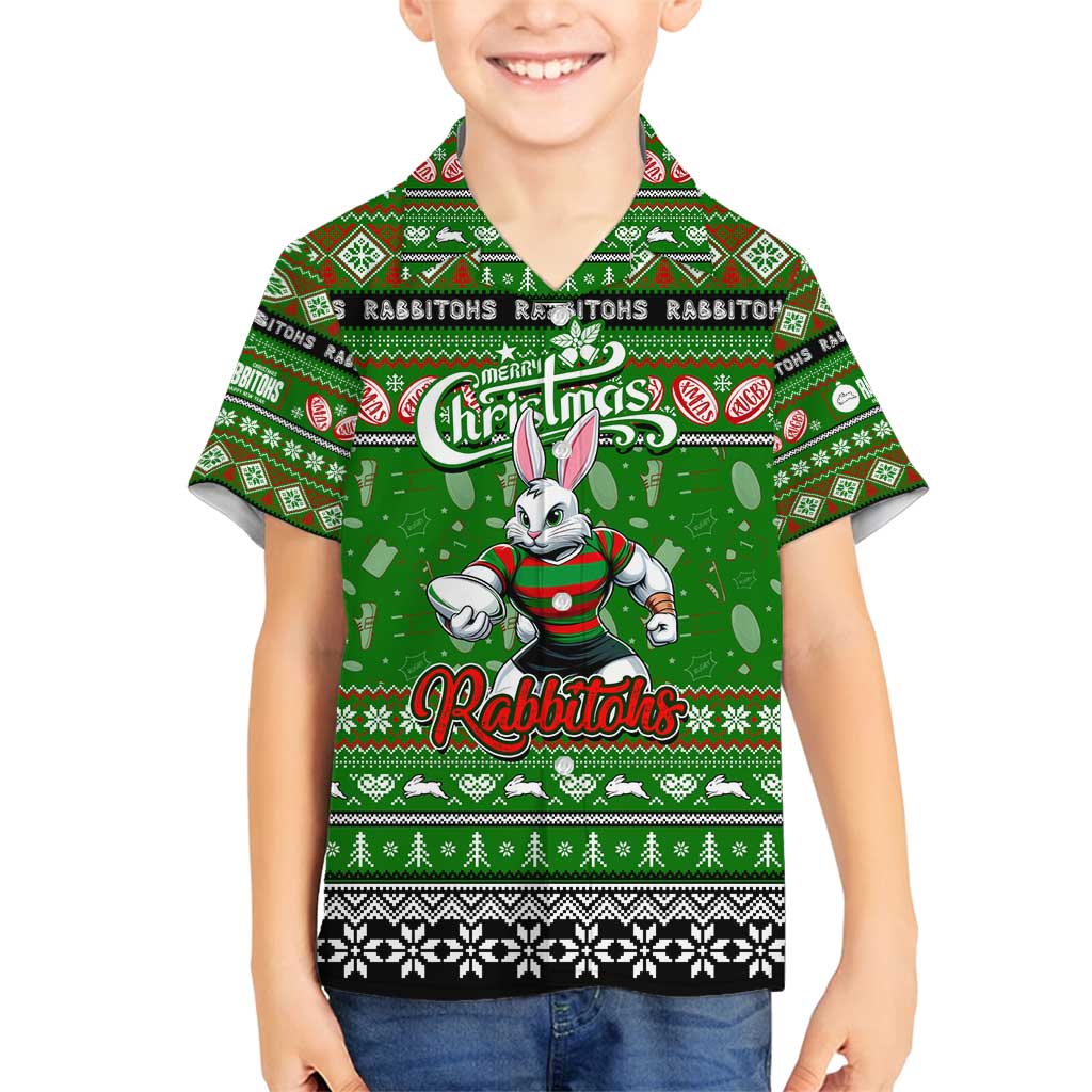 Personalized Rabbitohs Rugby Xmas Family Matching Puletasi and Hawaiian Shirt Australia NRL Mascot