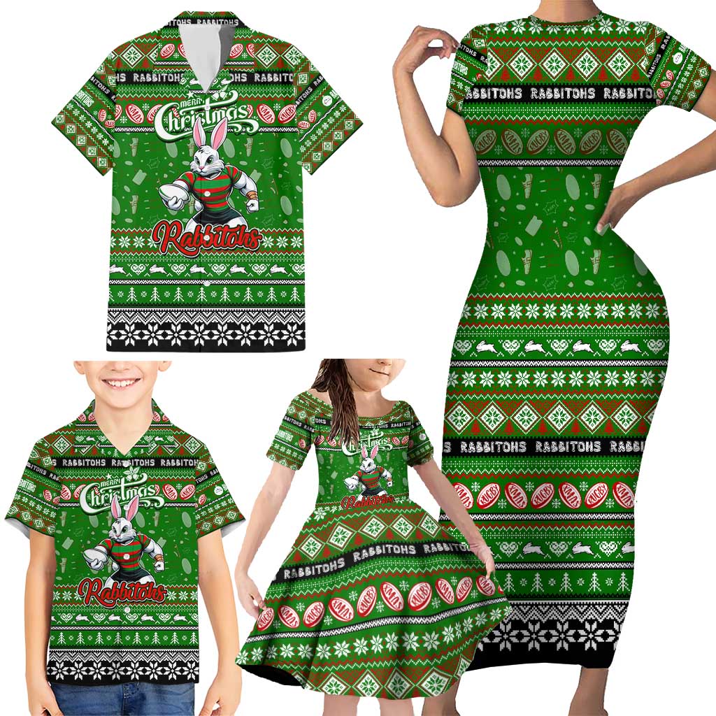 Personalized Rabbitohs Rugby Xmas Family Matching Short Sleeve Bodycon Dress and Hawaiian Shirt Australia NRL Mascot