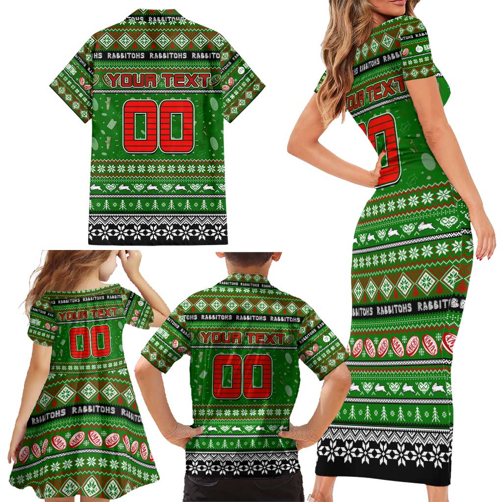 Personalized Rabbitohs Rugby Xmas Family Matching Short Sleeve Bodycon Dress and Hawaiian Shirt Australia NRL Mascot