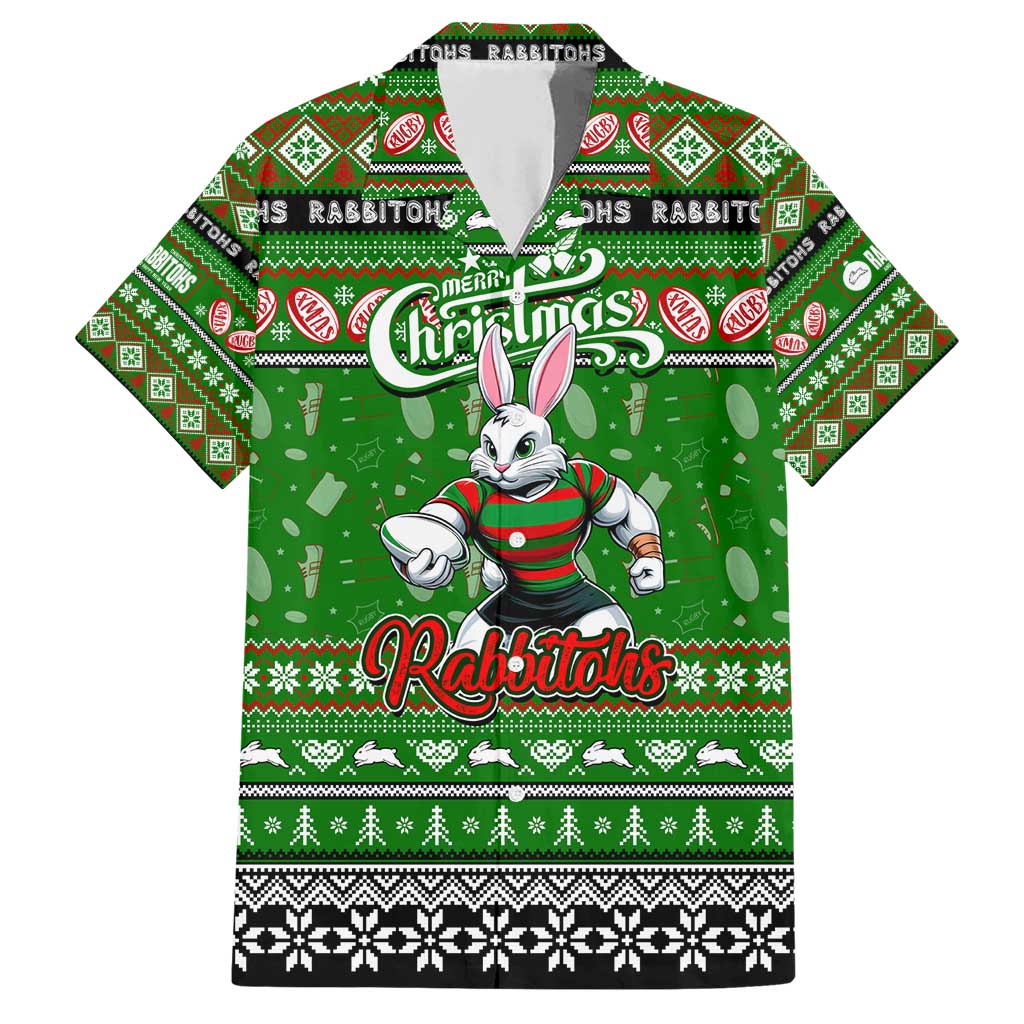 Personalized Rabbitohs Rugby Xmas Family Matching Short Sleeve Bodycon Dress and Hawaiian Shirt Australia NRL Mascot