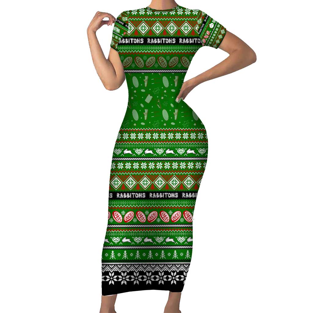 Personalized Rabbitohs Rugby Xmas Family Matching Short Sleeve Bodycon Dress and Hawaiian Shirt Australia NRL Mascot