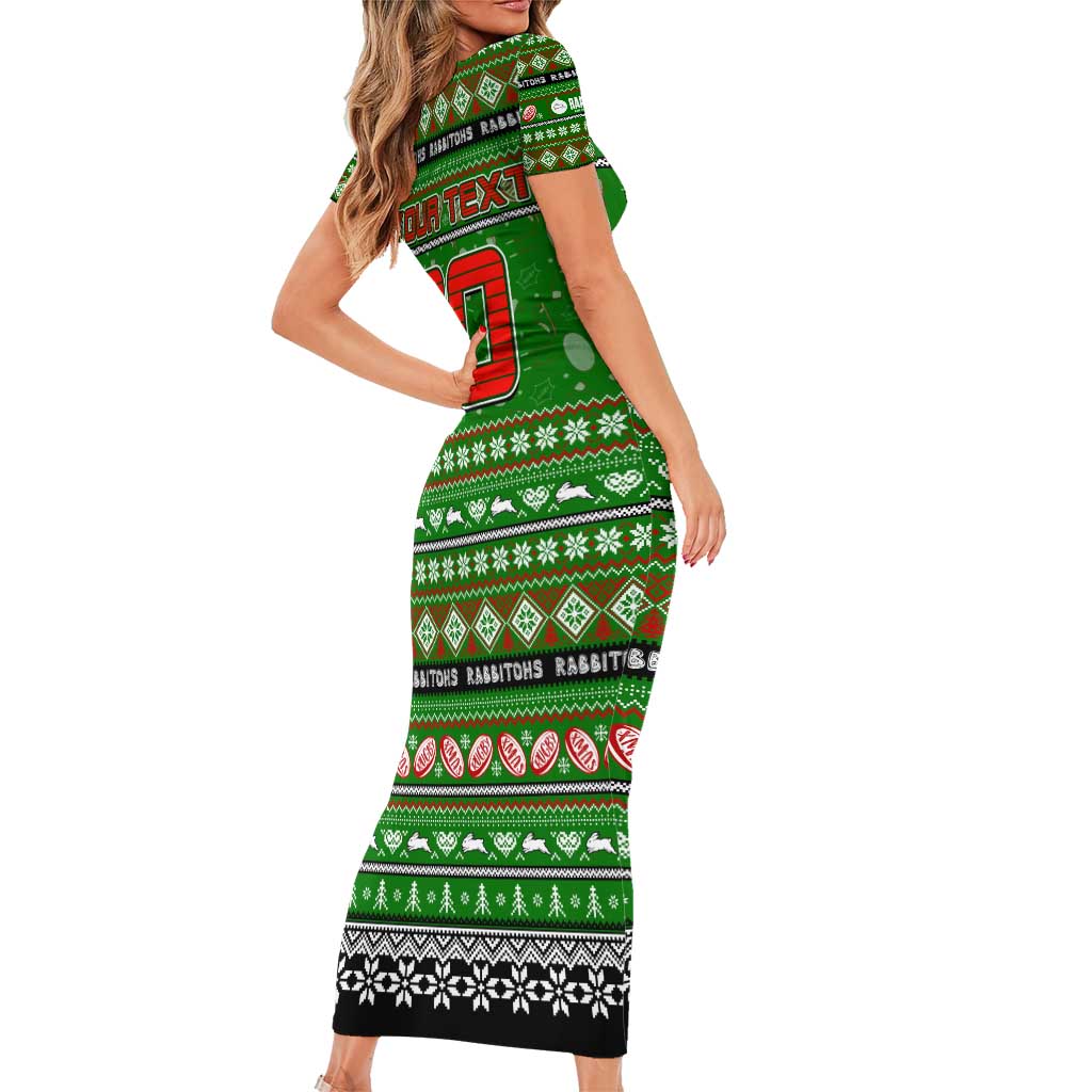 Personalized Rabbitohs Rugby Xmas Family Matching Short Sleeve Bodycon Dress and Hawaiian Shirt Australia NRL Mascot