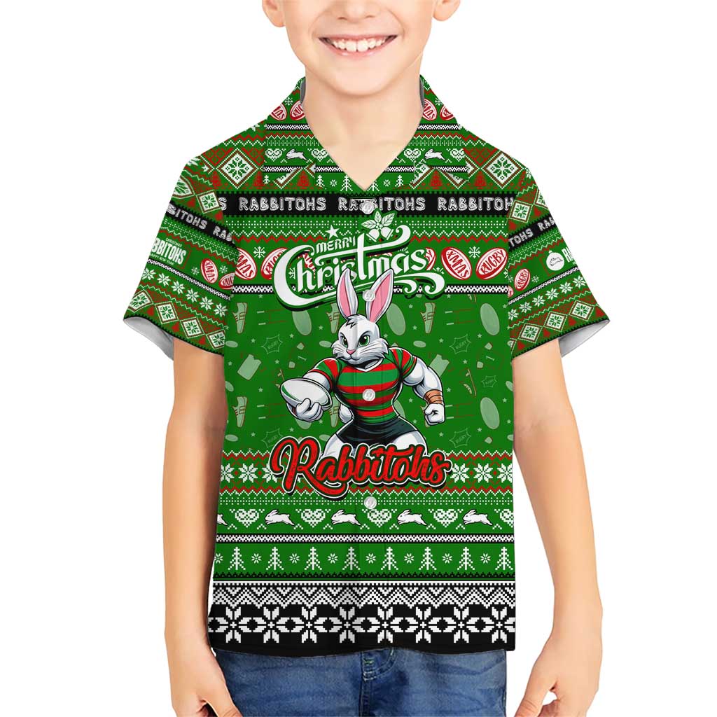 Personalized Rabbitohs Rugby Xmas Family Matching Short Sleeve Bodycon Dress and Hawaiian Shirt Australia NRL Mascot