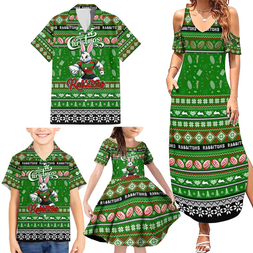 Personalized Rabbitohs Rugby Xmas Family Matching Summer Maxi Dress and Hawaiian Shirt Australia NRL Mascot