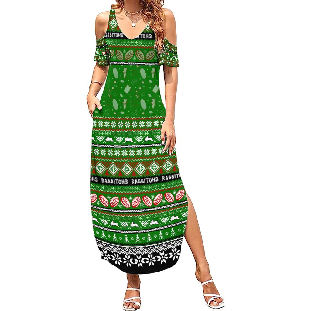 Personalized Rabbitohs Rugby Xmas Family Matching Summer Maxi Dress and Hawaiian Shirt Australia NRL Mascot