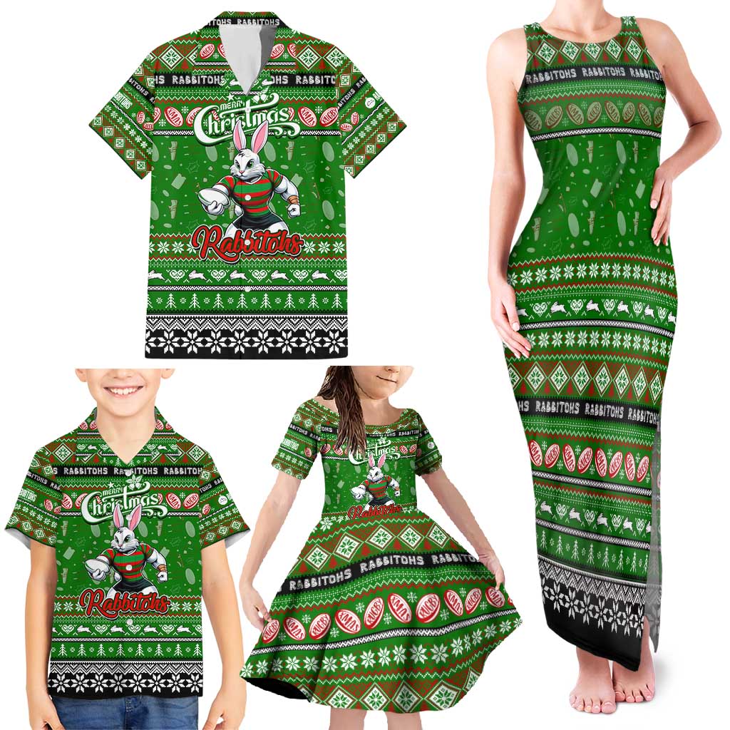 Personalized Rabbitohs Rugby Xmas Family Matching Tank Maxi Dress and Hawaiian Shirt Australia NRL Mascot