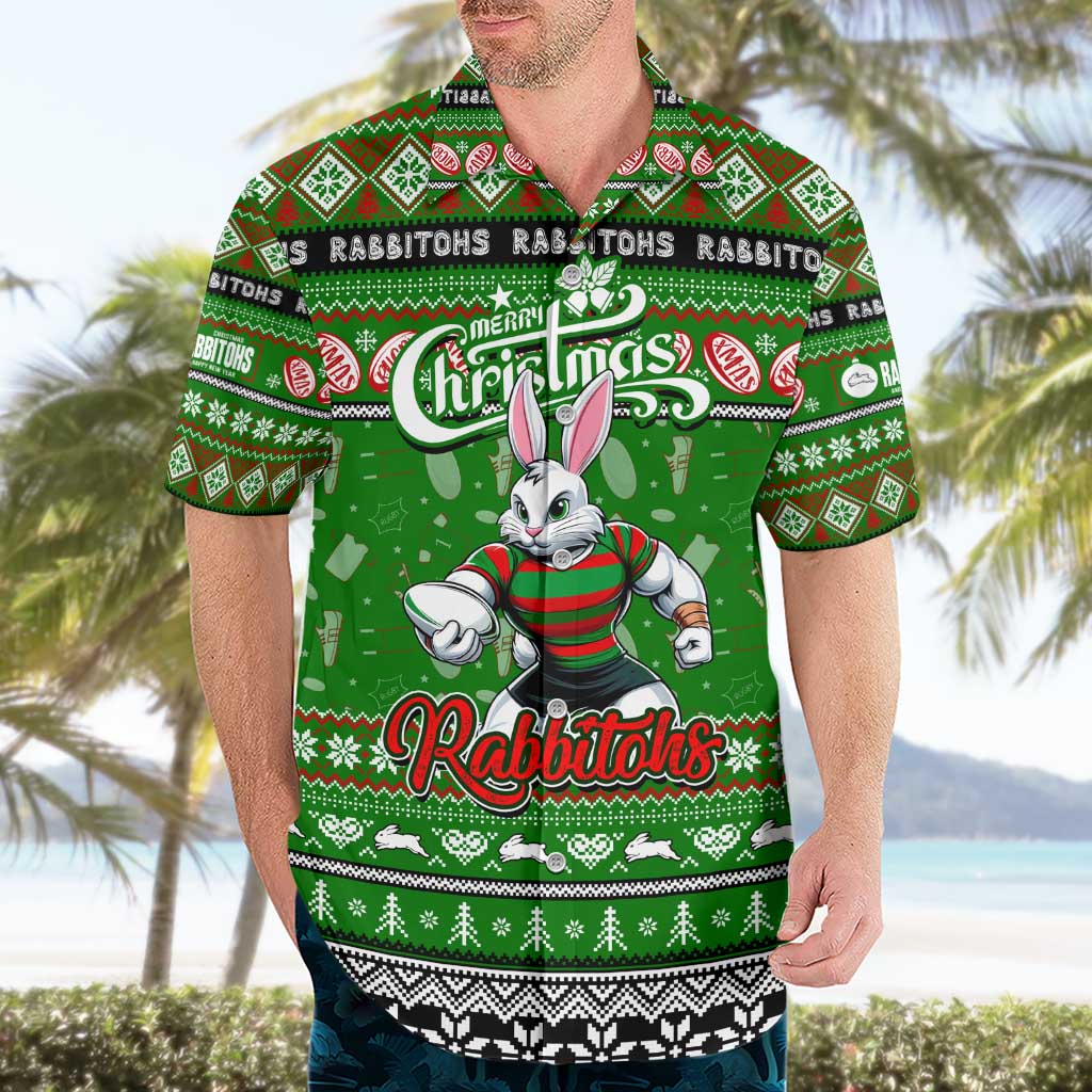 Personalized Rabbitohs Rugby Xmas Hawaiian Shirt Australia NRL Mascot - Vibe Hoodie Shop