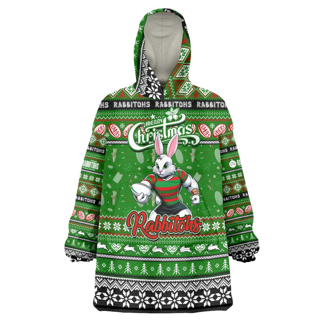 Personalized Rabbitohs Rugby Xmas Wearable Blanket Hoodie Australia NRL Mascot - Vibe Hoodie Shop