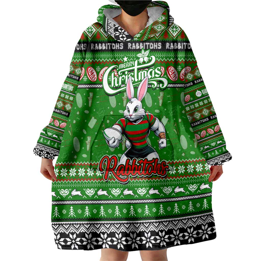 Personalized Rabbitohs Rugby Xmas Wearable Blanket Hoodie Australia NRL Mascot - Vibe Hoodie Shop