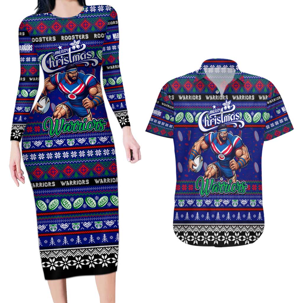 Personalized New Zealand Warriors Rugby Xmas Couples Matching Long Sleeve Bodycon Dress and Hawaiian Shirt Australia NRL Mascot
