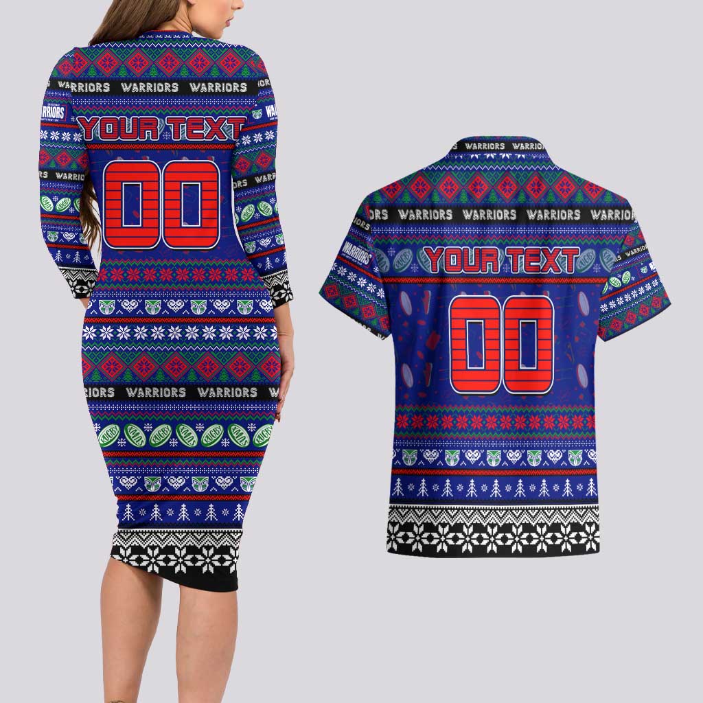 Personalized New Zealand Warriors Rugby Xmas Couples Matching Long Sleeve Bodycon Dress and Hawaiian Shirt Australia NRL Mascot