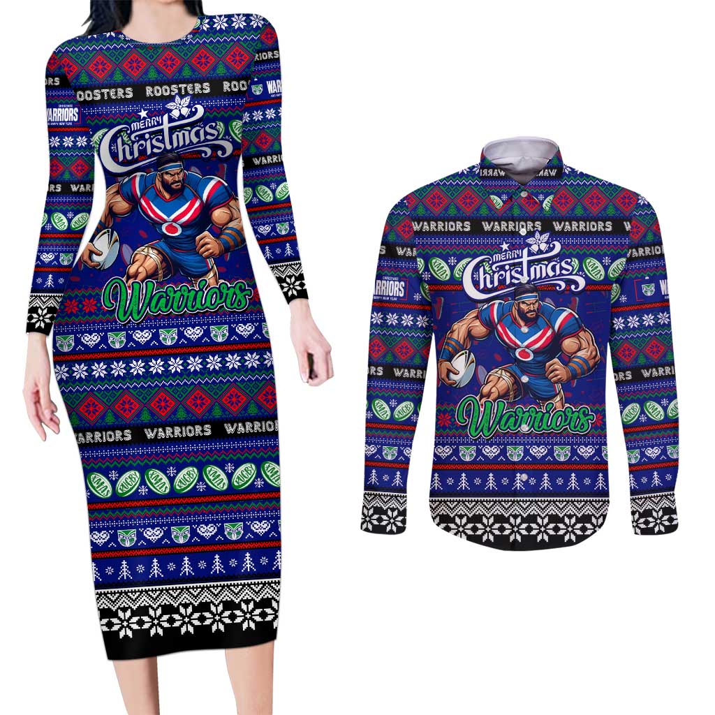 Personalized New Zealand Warriors Rugby Xmas Couples Matching Long Sleeve Bodycon Dress and Long Sleeve Button Shirt Australia NRL Mascot