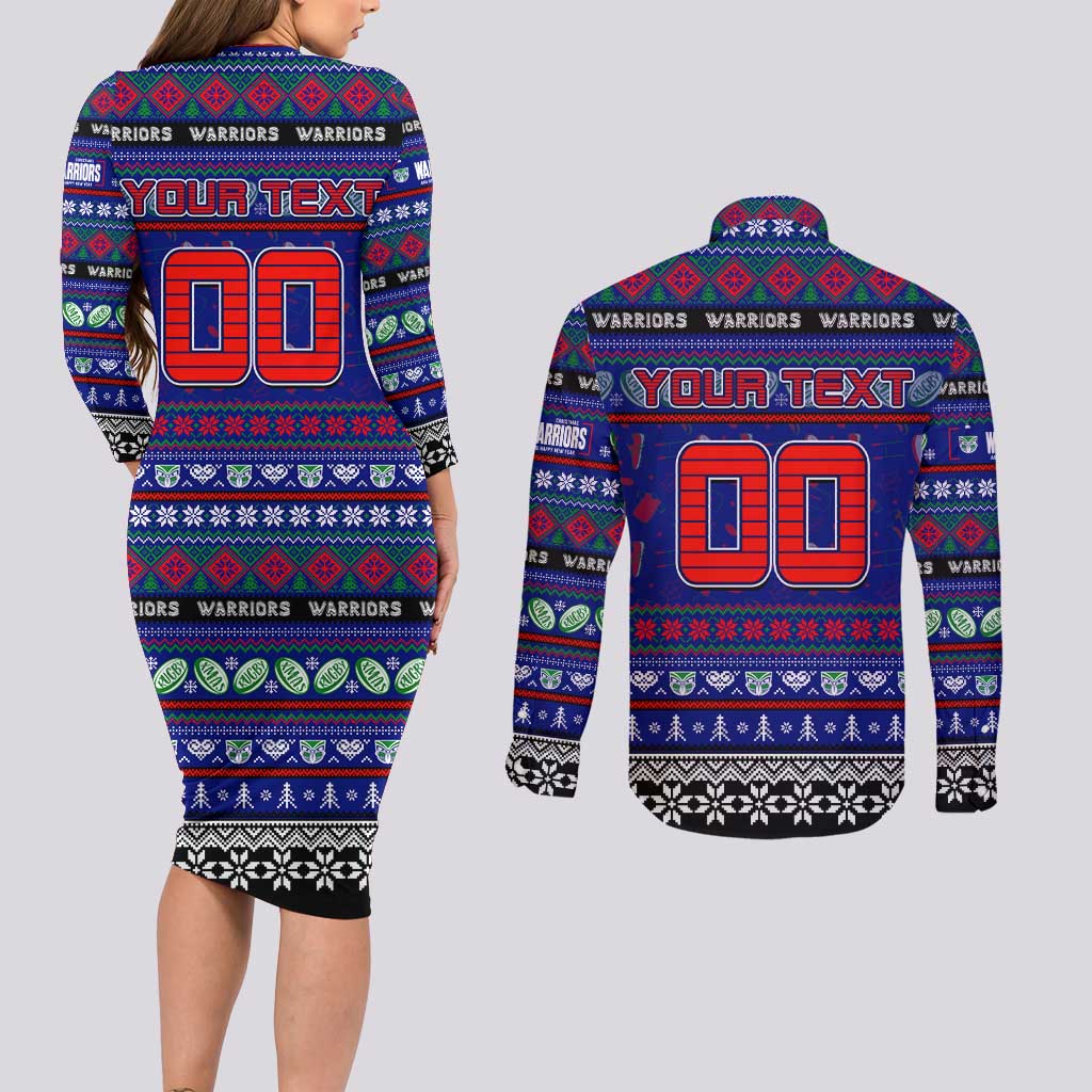 Personalized New Zealand Warriors Rugby Xmas Couples Matching Long Sleeve Bodycon Dress and Long Sleeve Button Shirt Australia NRL Mascot