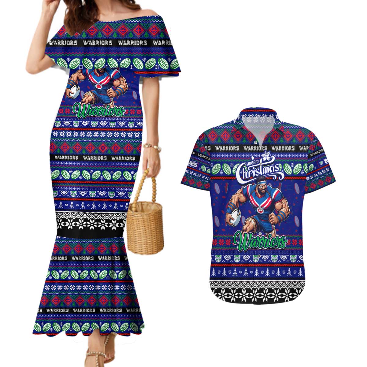Personalized New Zealand Warriors Rugby Xmas Couples Matching Mermaid Dress and Hawaiian Shirt Australia NRL Mascot