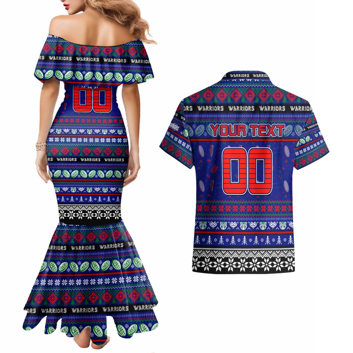 Personalized New Zealand Warriors Rugby Xmas Couples Matching Mermaid Dress and Hawaiian Shirt Australia NRL Mascot