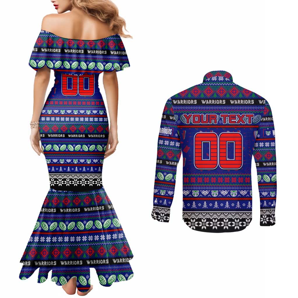 Personalized New Zealand Warriors Rugby Xmas Couples Matching Mermaid Dress and Long Sleeve Button Shirt Australia NRL Mascot