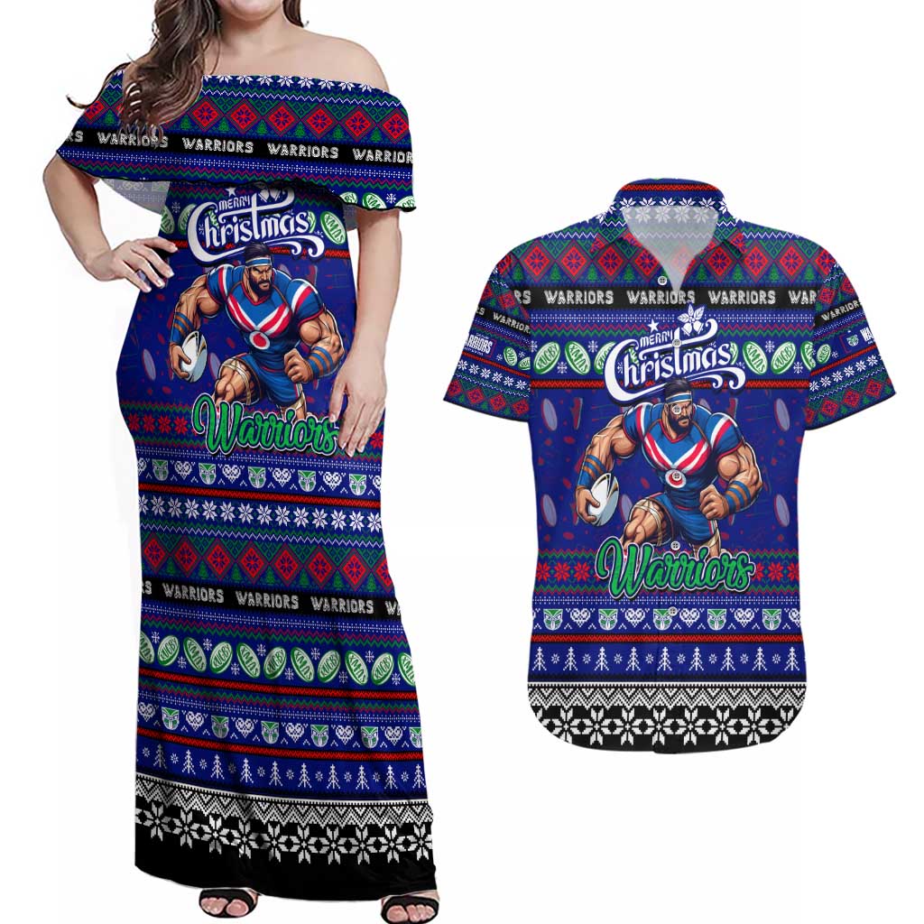 Personalized New Zealand Warriors Rugby Xmas Couples Matching Off Shoulder Maxi Dress and Hawaiian Shirt Australia NRL Mascot