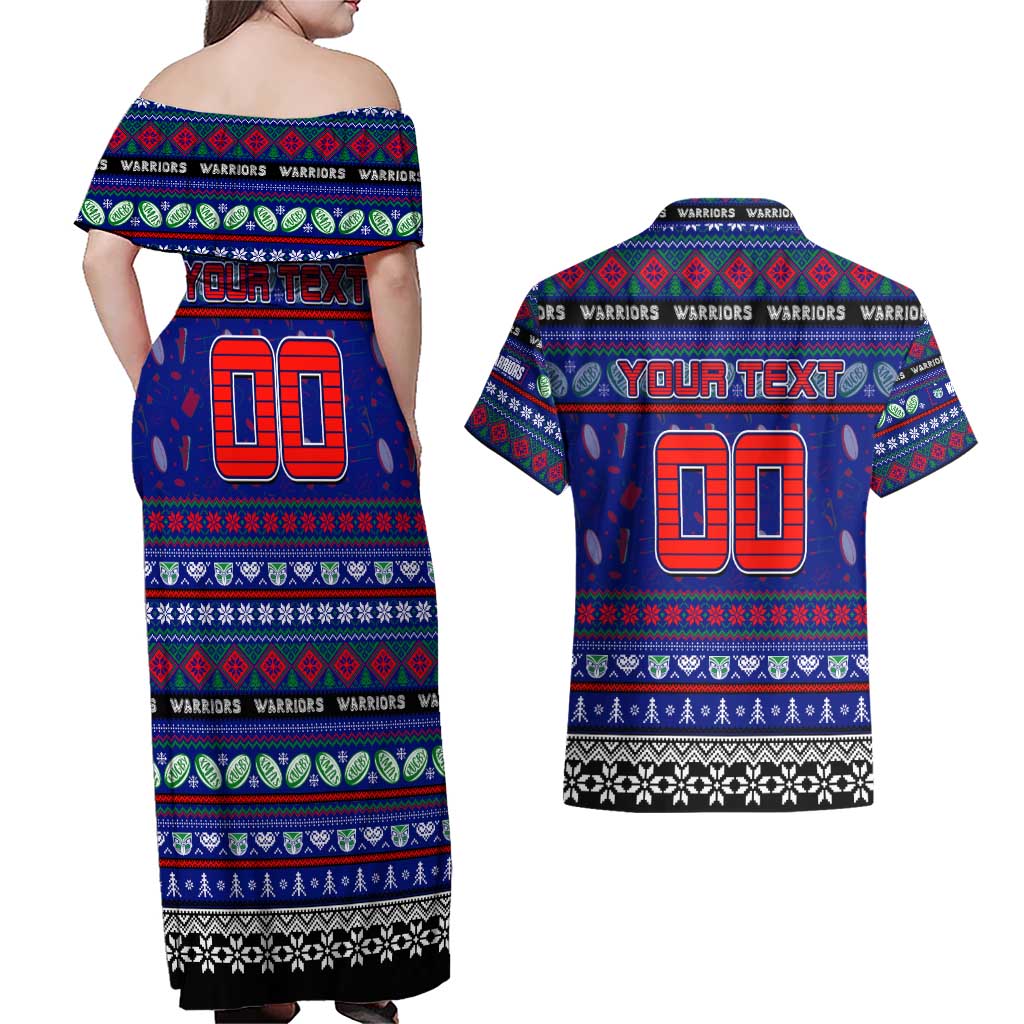Personalized New Zealand Warriors Rugby Xmas Couples Matching Off Shoulder Maxi Dress and Hawaiian Shirt Australia NRL Mascot
