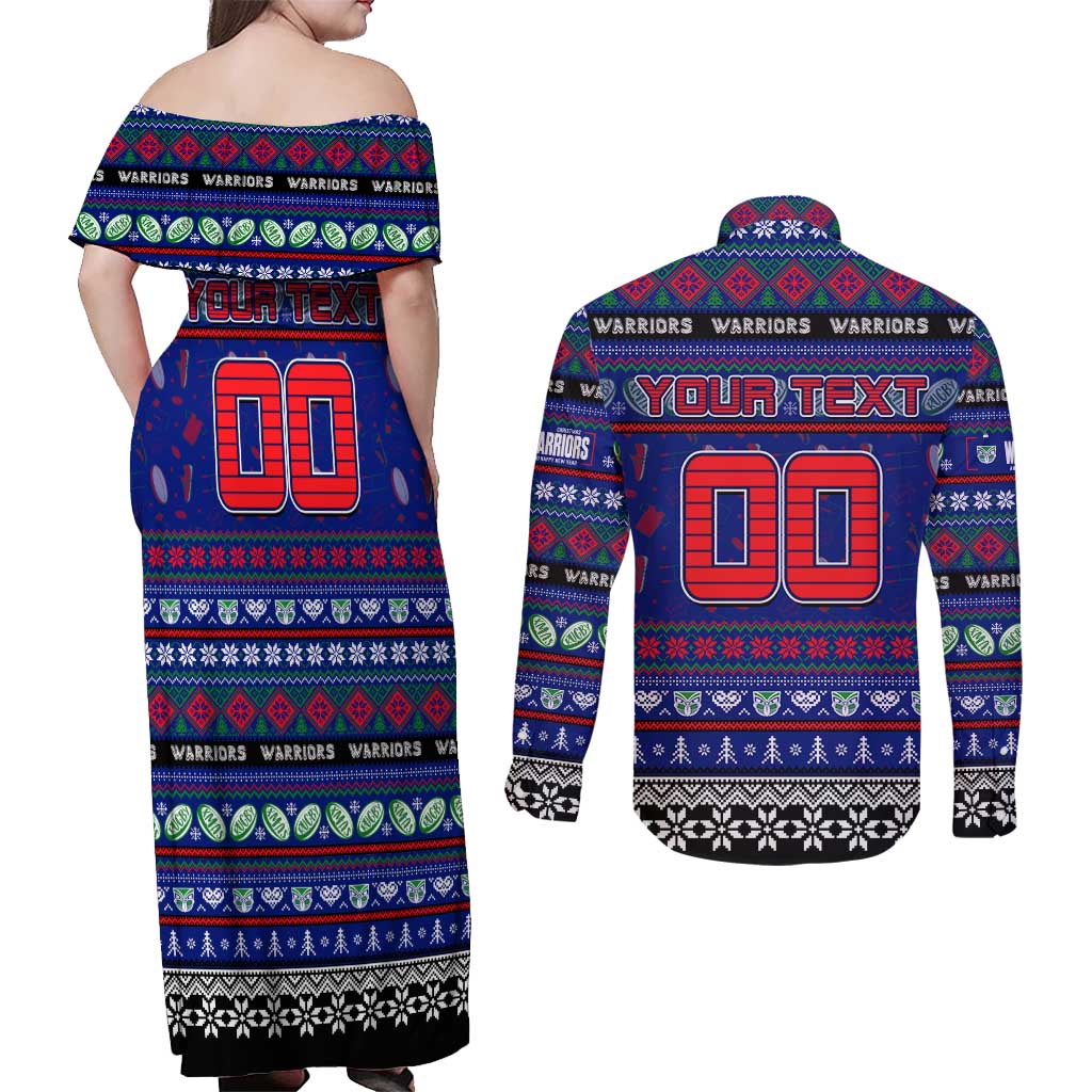 Personalized New Zealand Warriors Rugby Xmas Couples Matching Off Shoulder Maxi Dress and Long Sleeve Button Shirt Australia NRL Mascot