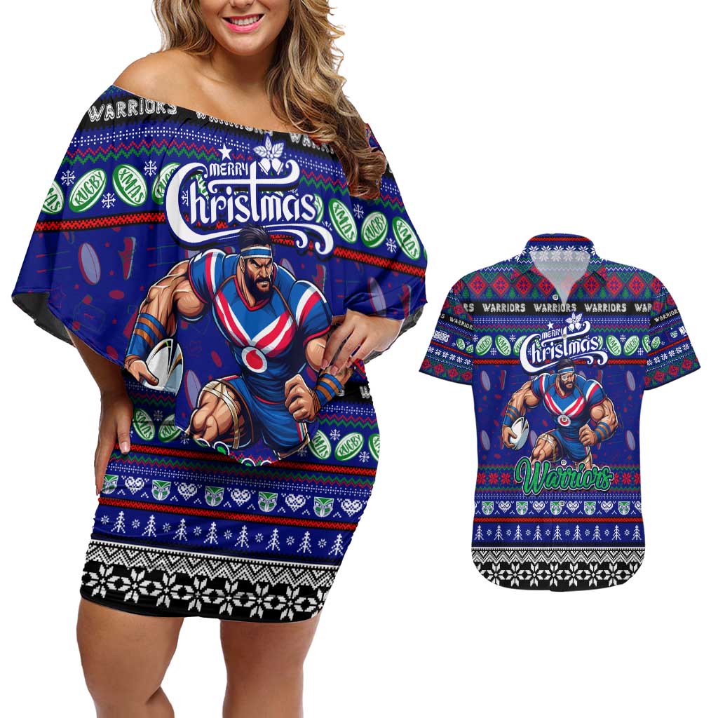 Personalized New Zealand Warriors Rugby Xmas Couples Matching Off Shoulder Short Dress and Hawaiian Shirt Australia NRL Mascot