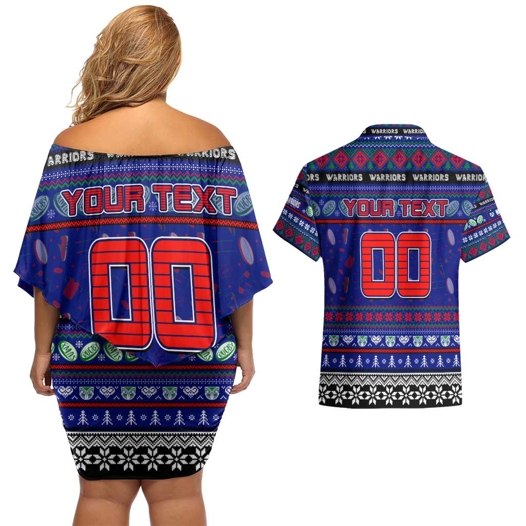 Personalized New Zealand Warriors Rugby Xmas Couples Matching Off Shoulder Short Dress and Hawaiian Shirt Australia NRL Mascot