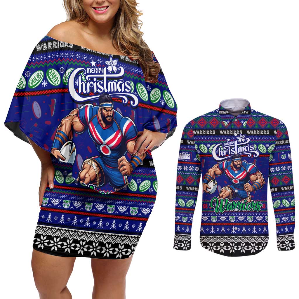 Personalized New Zealand Warriors Rugby Xmas Couples Matching Off Shoulder Short Dress and Long Sleeve Button Shirt Australia NRL Mascot