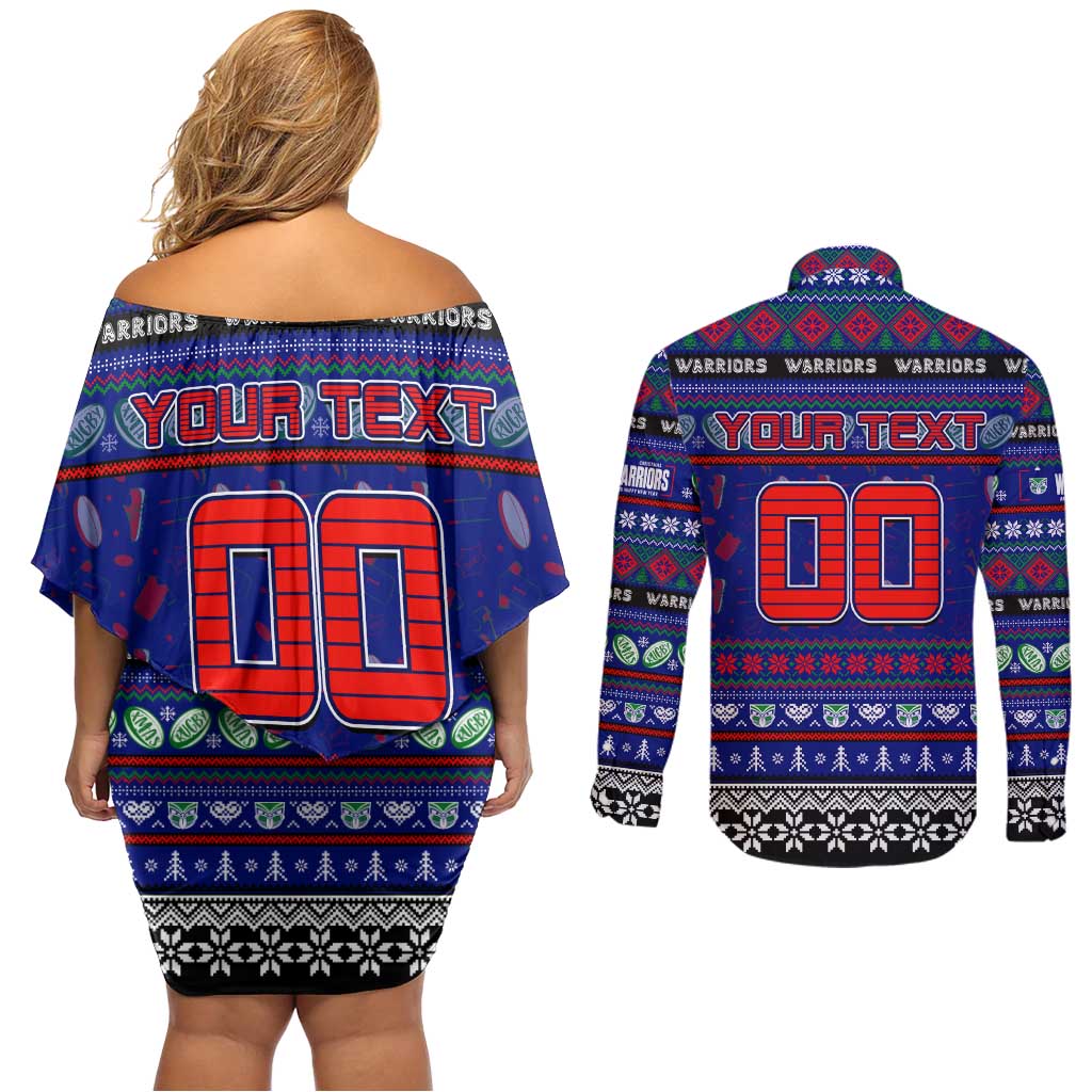 Personalized New Zealand Warriors Rugby Xmas Couples Matching Off Shoulder Short Dress and Long Sleeve Button Shirt Australia NRL Mascot