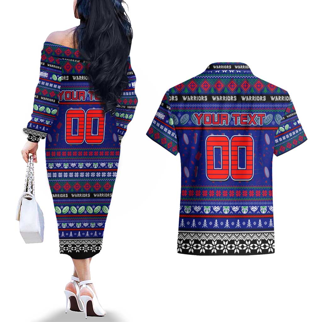 Personalized New Zealand Warriors Rugby Xmas Couples Matching Off The Shoulder Long Sleeve Dress and Hawaiian Shirt Australia NRL Mascot