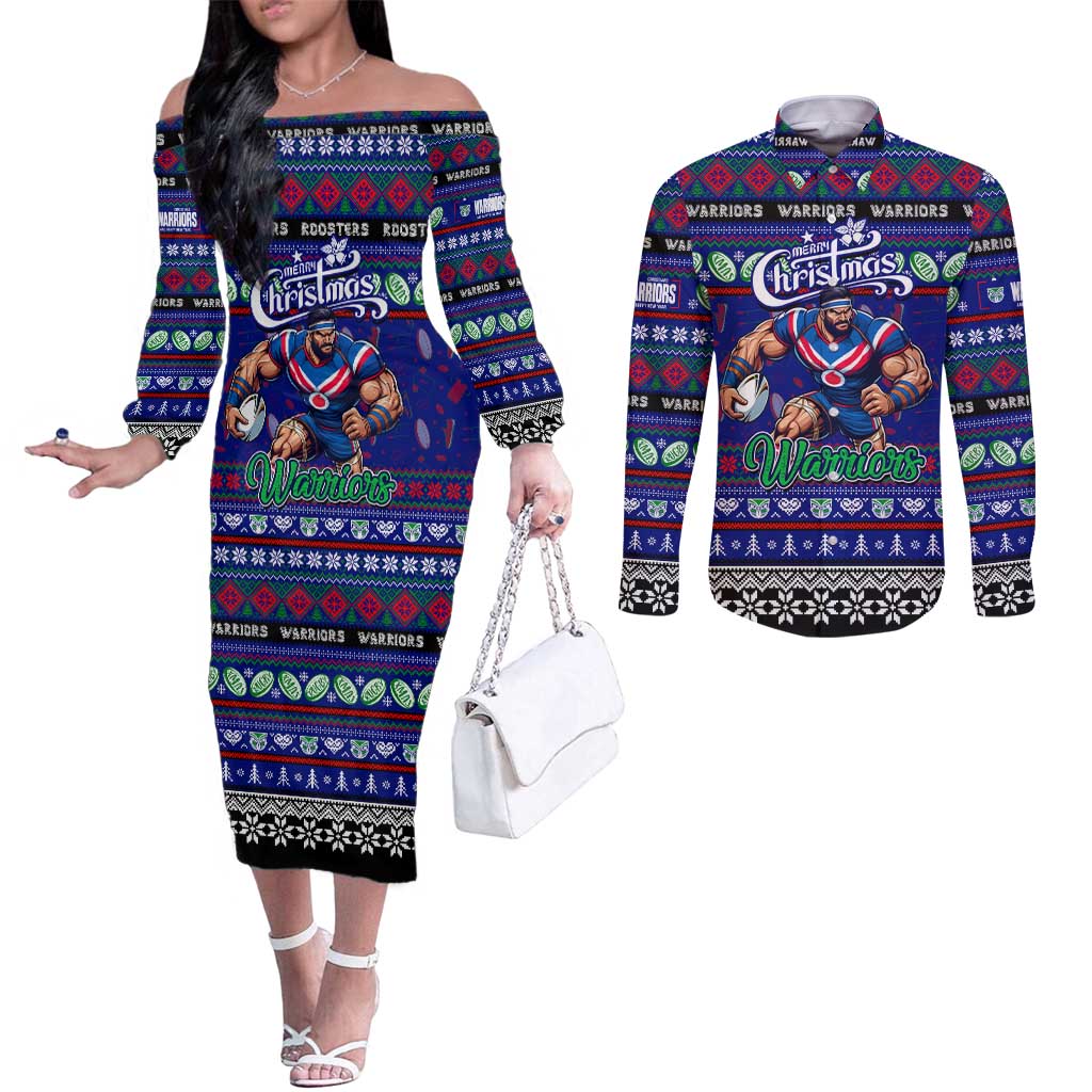 Personalized New Zealand Warriors Rugby Xmas Couples Matching Off The Shoulder Long Sleeve Dress and Long Sleeve Button Shirt Australia NRL Mascot