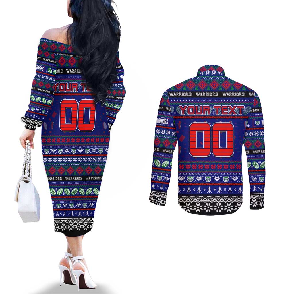 Personalized New Zealand Warriors Rugby Xmas Couples Matching Off The Shoulder Long Sleeve Dress and Long Sleeve Button Shirt Australia NRL Mascot