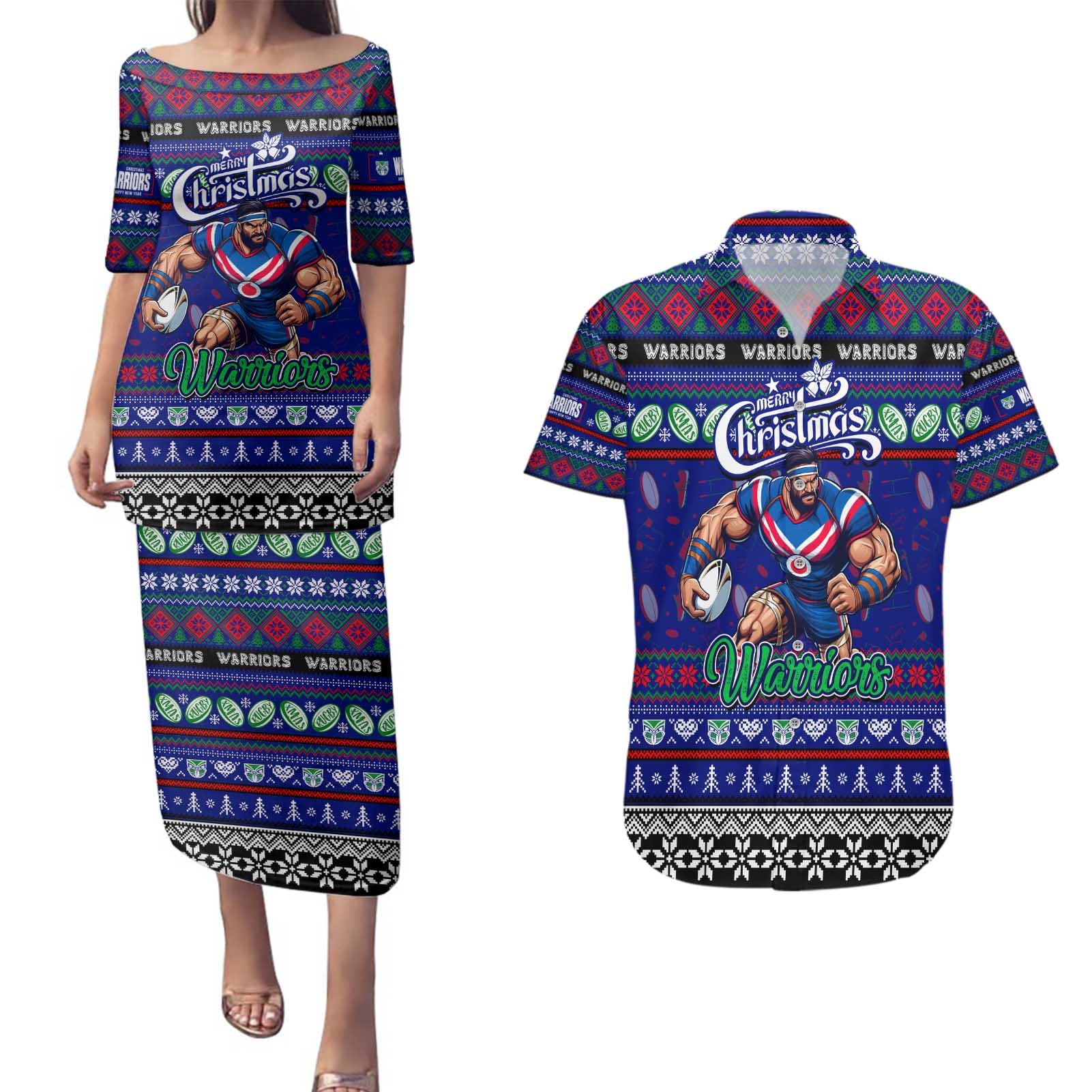 Personalized New Zealand Warriors Rugby Xmas Couples Matching Puletasi and Hawaiian Shirt Australia NRL Mascot